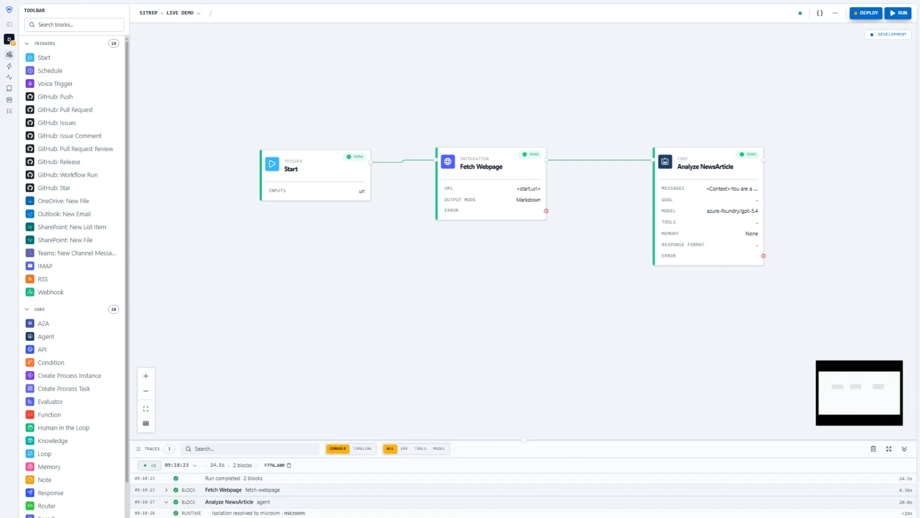 The workflow builder: a palette of triggers — schedule, voice, webhook, e-mail, SharePoint, Teams, GitHub events, RSS — and core blocks including agent, condition, human in the loop, loop, memory, router, function and agent-to-agent, beside a flow on the canvas that starts, fetches a webpage as markdown and analyses the article in an agent step, each block marked done. Below, the trace panel shows the completed run block by block with its timings and the isolation the run resolved to.