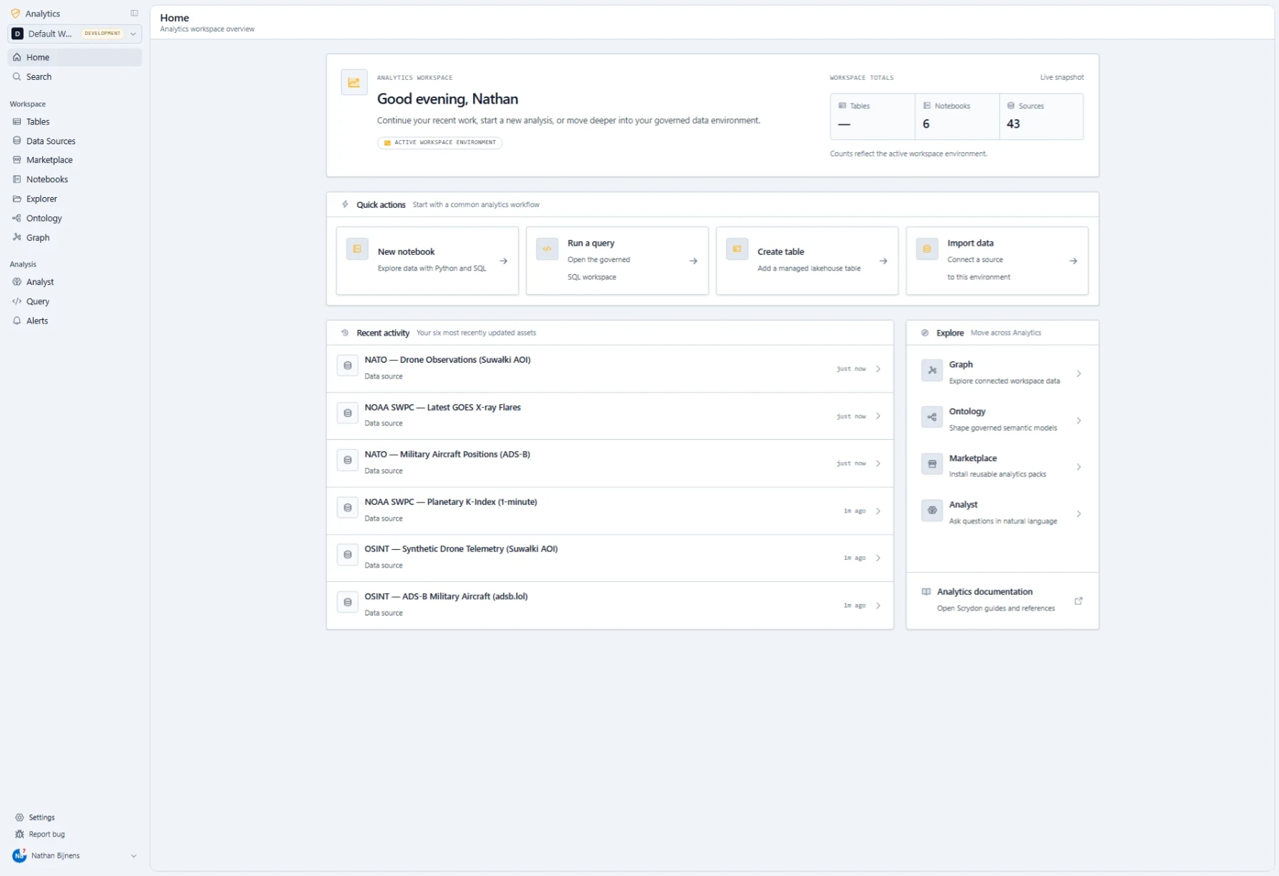 The Analytics workspace home: workspace totals for tables, notebooks and sources; quick actions to start a notebook, run a query, create a table or import data; a list of recently updated data sources; and links across to the graph, the ontology, the marketplace and natural-language analysis.