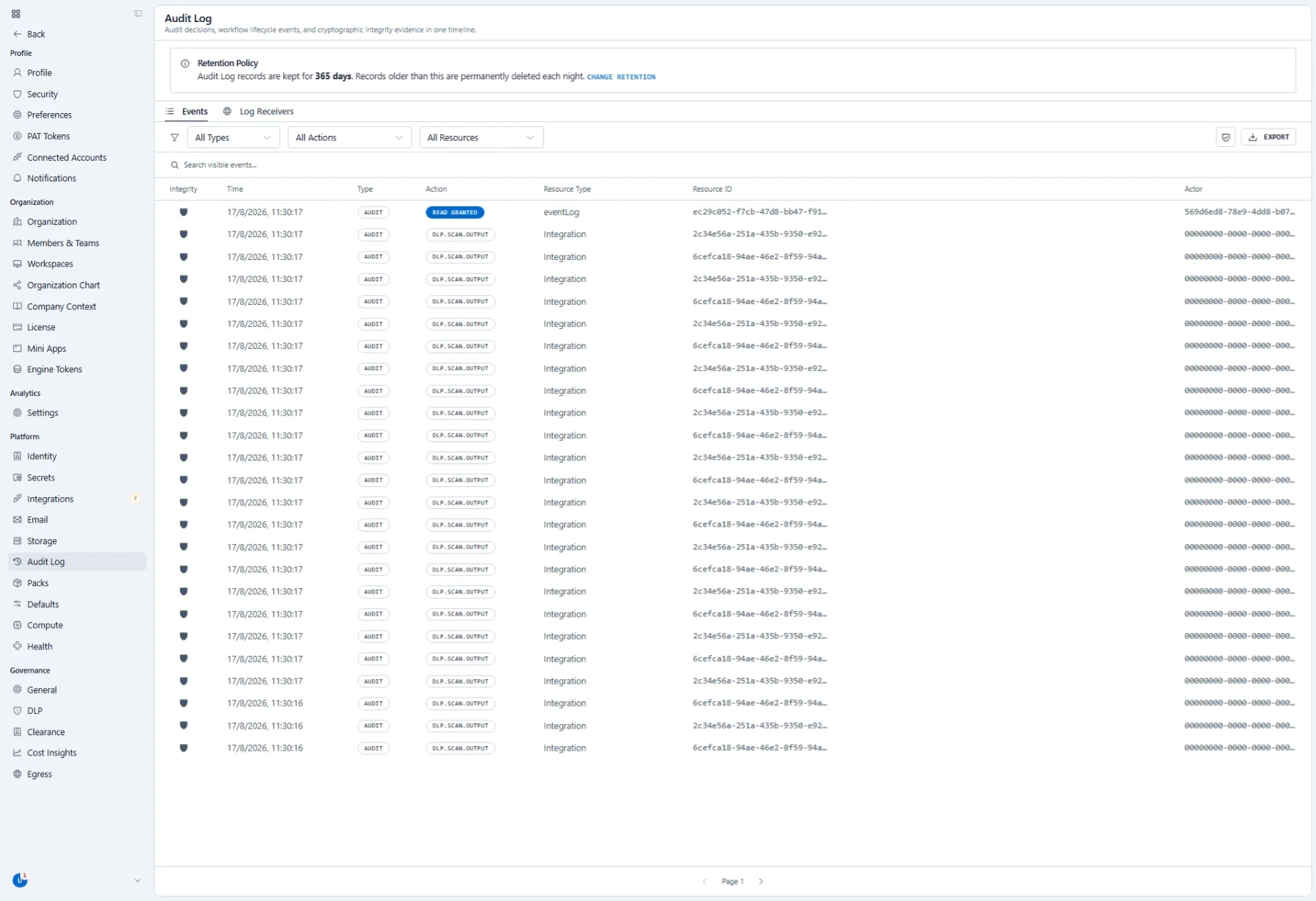 The audit log: one timeline of audit decisions, workflow lifecycle events and cryptographic integrity evidence, filterable by type, action and resource, with a stated retention policy, an export button, and a tab for forwarding events to your own log receivers.