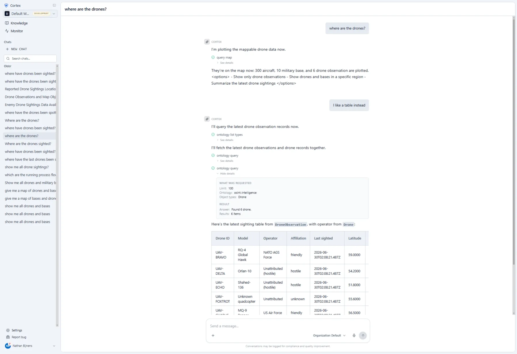 A Cortex conversation: asked where the drones are, it plots the mappable data, then — asked for a table instead — queries the ontology for drone objects and returns a table of drone ID, model, operator, affiliation and last sighting. Each step is a named retrieval that can be expanded to show what was requested and what came back.