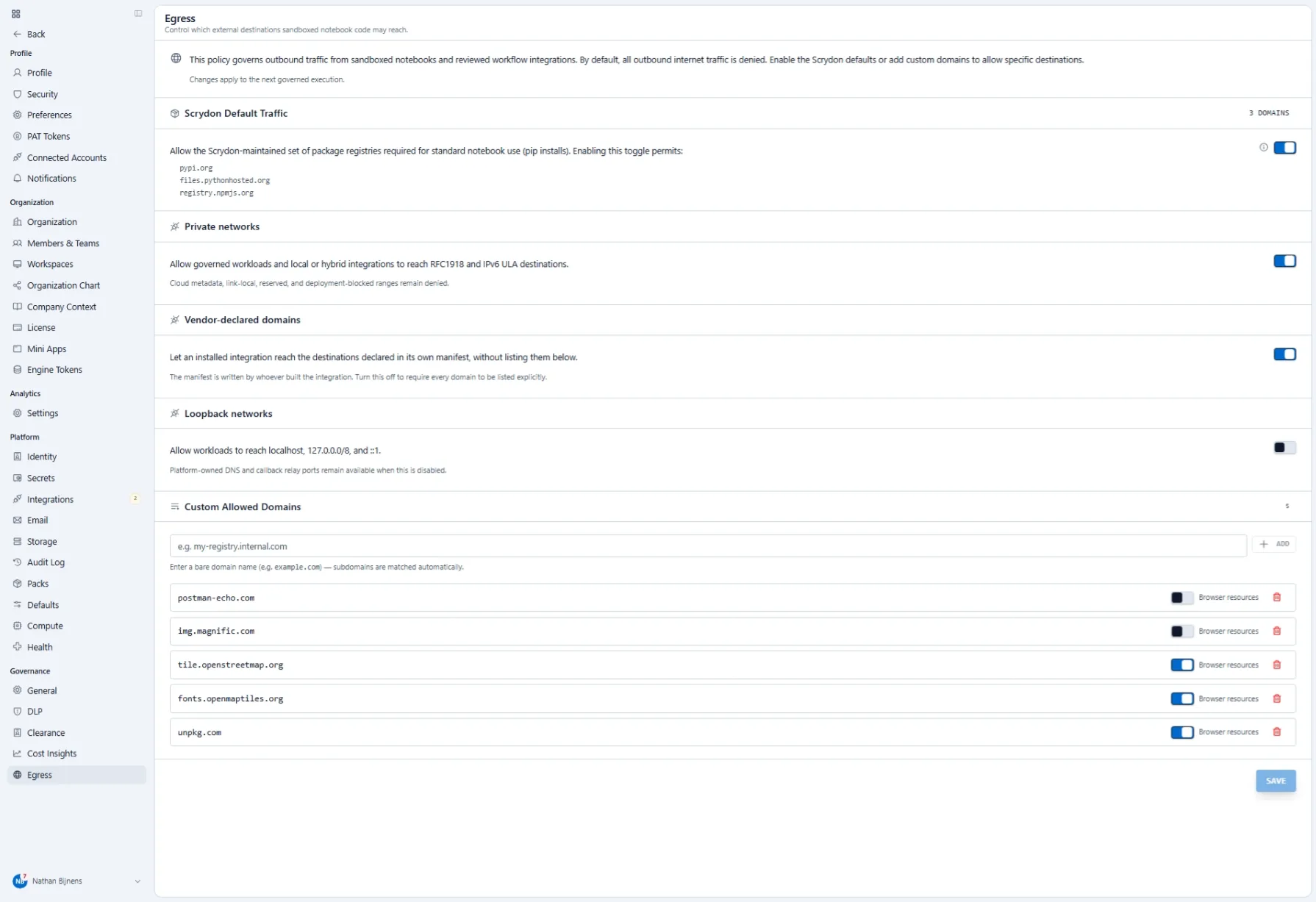 The egress policy page: outbound traffic from sandboxed notebooks and reviewed integrations is denied by default, with toggles for a maintained set of package registries, private RFC1918 and IPv6 ULA ranges, vendor-declared integration domains and loopback, plus a list of custom allowed domains each with its own browser-resources switch.