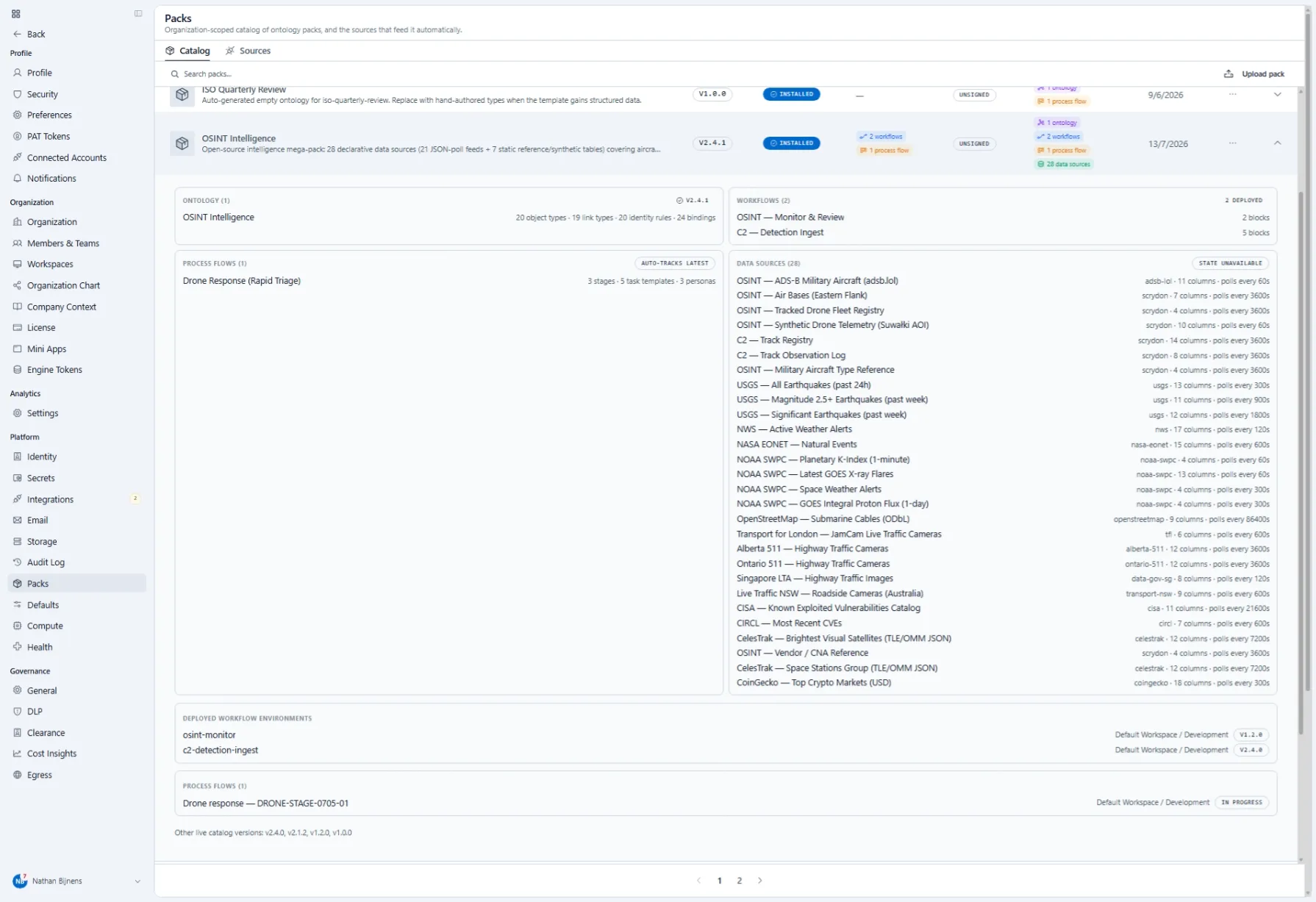 The Packs catalogue with an OSINT intelligence pack expanded: version 2.4.1, installed, showing its ontology of 20 object types, 19 link types, 20 identity rules and 24 bindings; two workflows, both deployed; one process flow with three stages, five task templates and three personas; and 28 declarative data sources such as ADS-B military aircraft, USGS earthquakes, national weather alerts, space-weather feeds and a known-exploited-vulnerabilities catalog, each with its column count and poll interval.